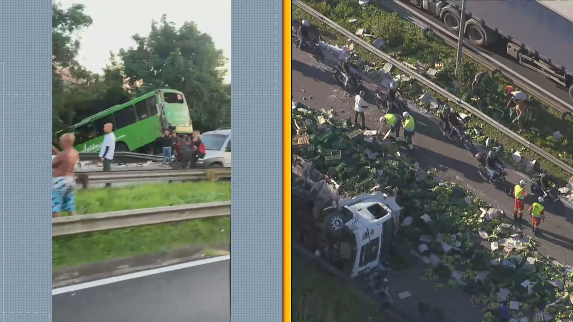 Acidente de ônibus e carreta de bananas na BR-116, Magé, com interdição da pista e equipes de socorro em ação.