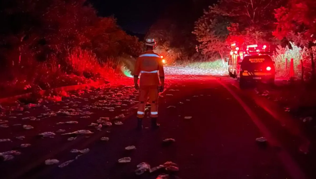 Vista aérea do local do acidente de ônibus e carreta na BR-259 com equipes de resgate.