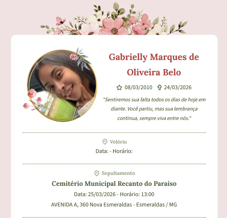 Cemitério Recanto do Paraíso Esmeraldas, sepultamento Gabrielly, morte adolescente Betim