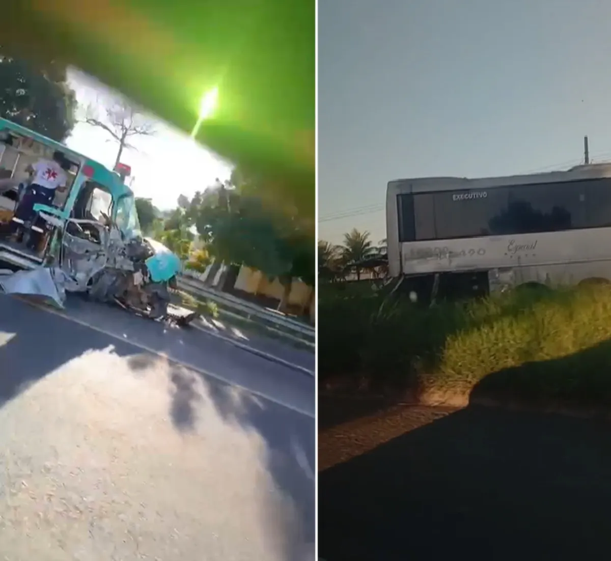 Ambulância e ônibus após colisão na BR-101, Campos dos Goytacazes, com equipes de socorro