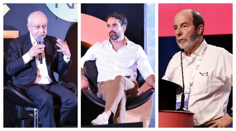 Eduardo Leite com Pérsio Arida e Armínio Fraga, em evento político, e Gilberto Kassab