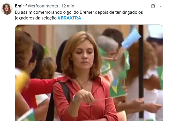 Imagem ilustrativa de torcedores reagindo à derrota do Brasil para a França com memes em redes sociais.