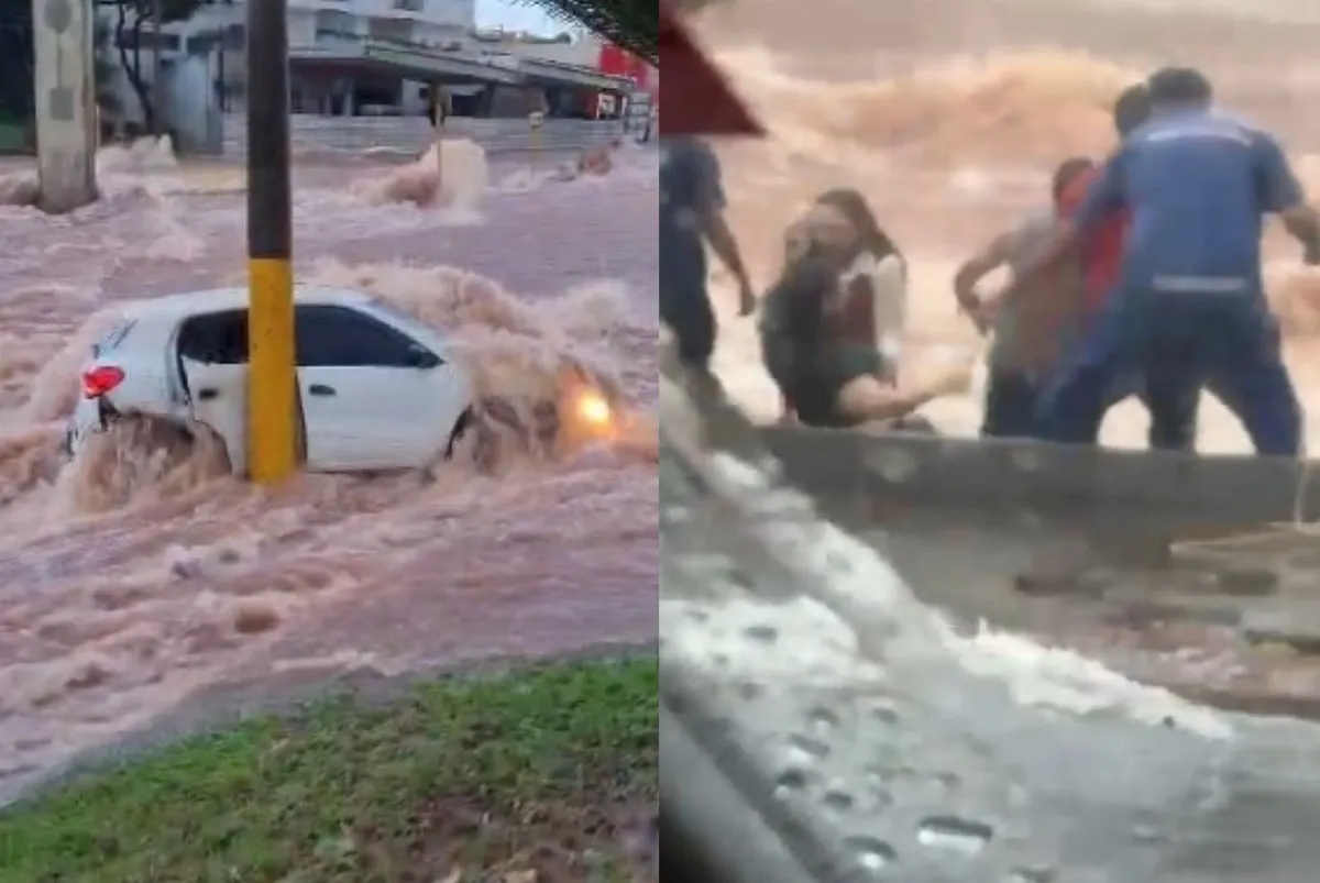 Resgate dramático de carro em enxurrada na Avenida Nações Unidas, Bauru