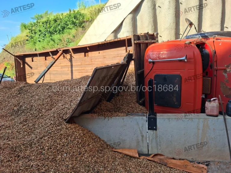 Caminhão de amendoim tombado bloqueando acesso da SP-333 em Echaporã