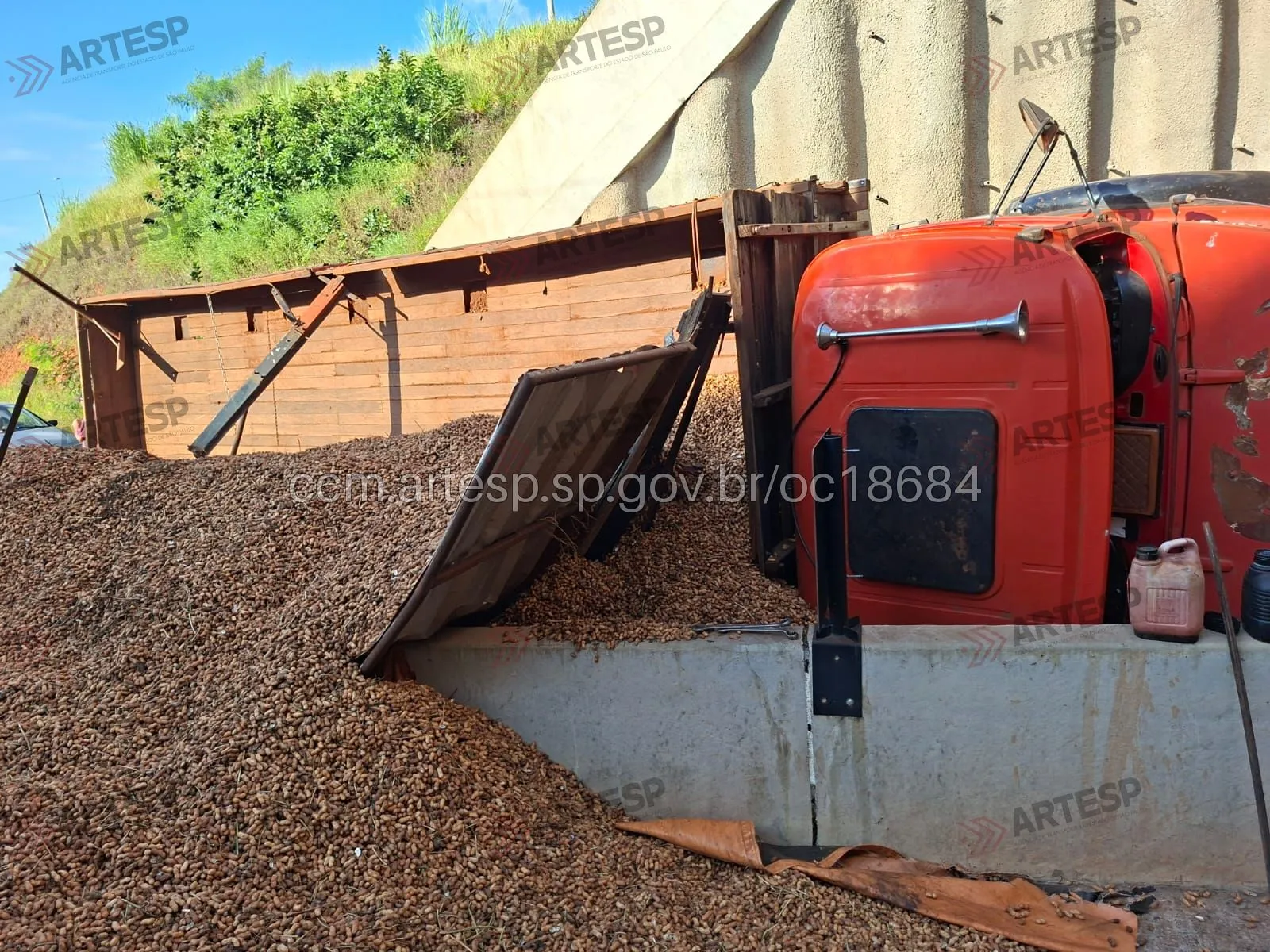 Caminhão de amendoim tombado bloqueando acesso da SP-333 em Echaporã