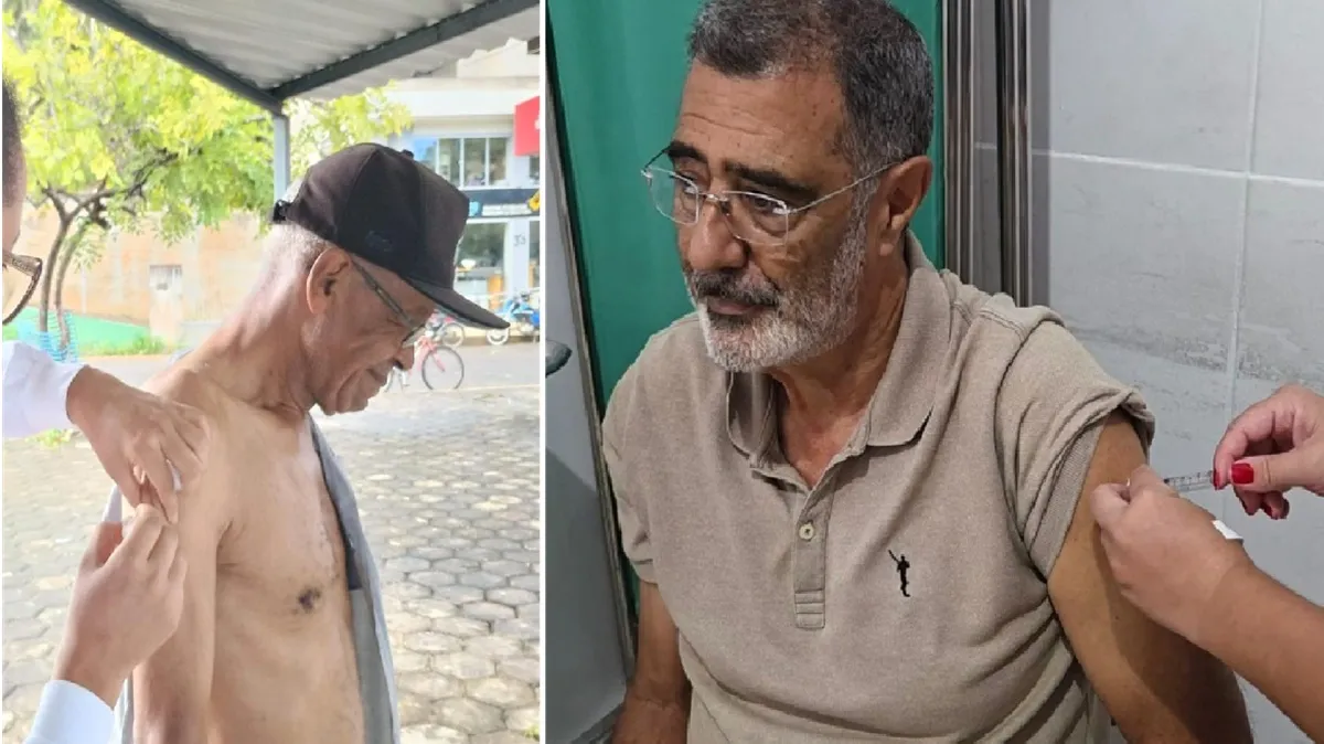 Grupo diverso de pessoas sendo vacinadas contra a gripe por profissionais de saúde