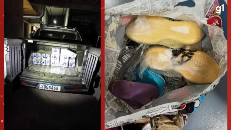 Caixas de doações para o Rio Grande do Sul em um galpão, com elementos de investigação, simbolizando o desvio de ajuda humanitária.