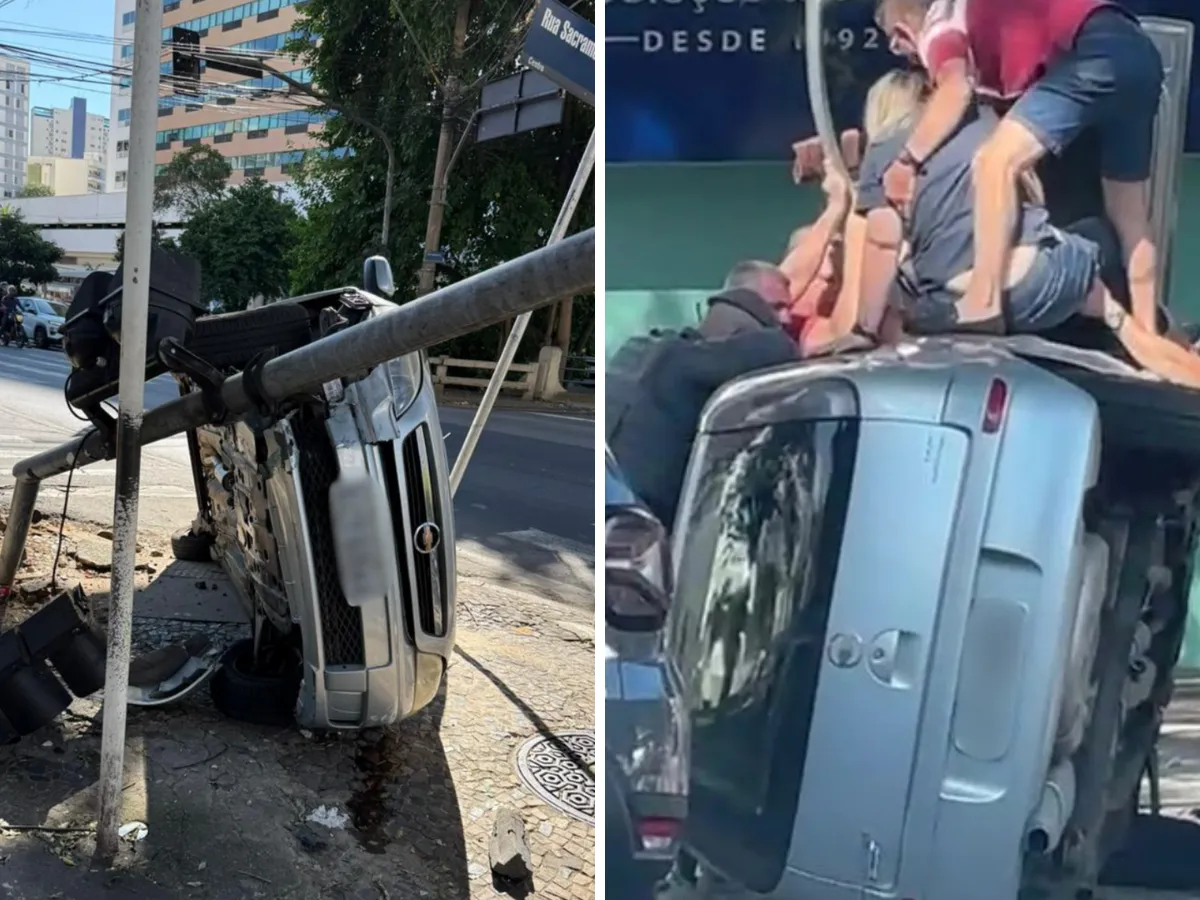 Acidente de carro com veículo capotado e semáforo danificado em Campinas