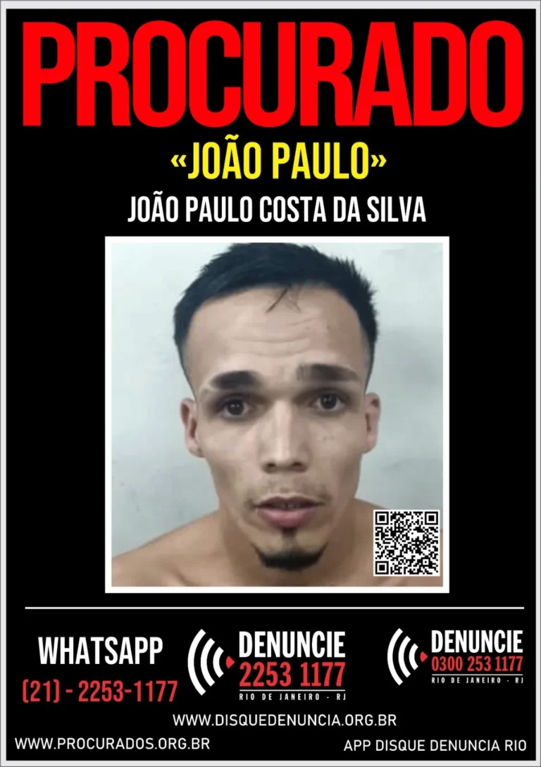 Cartaz de João Paulo Costa da Silva, procurado por feminicídio em Paraty, divulgado pelo Disque Denúncia.