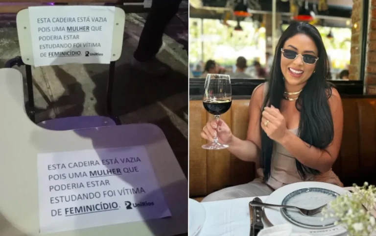 Cadeira vazia com mensagem de feminicídio em homenagem a Flávia Barros