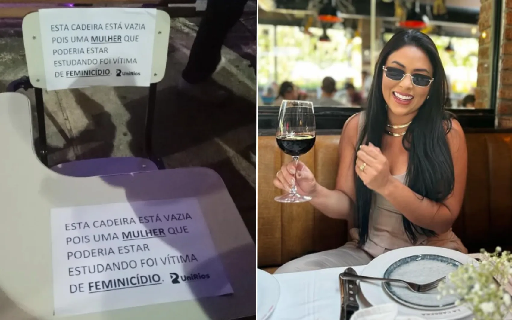 Cadeira vazia com mensagem de feminicídio em homenagem a Flávia Barros