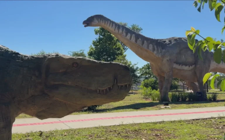 Crianças e adultos em frente a réplica de titanossauro no Parque dos Dinossauros de Uchoa