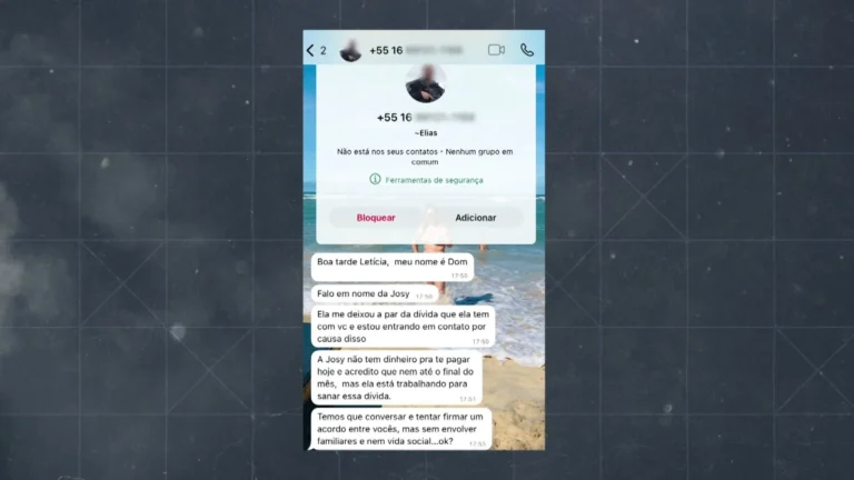 Mão segurando celular com perfil falso de policial em golpe de corretora de imóveis