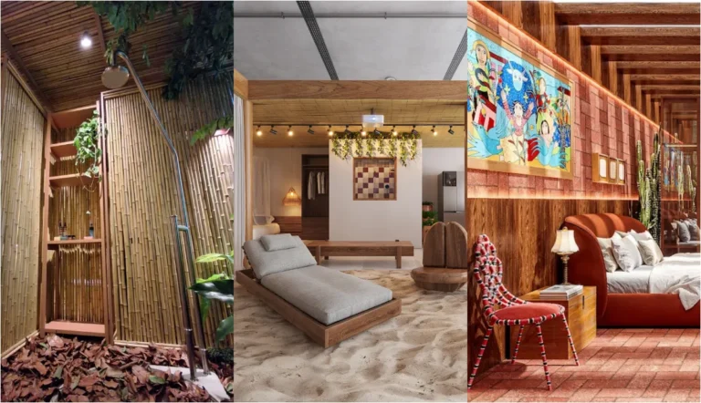 Diversas casas em exposição na Bienal de Arquitetura Brasileira, com destaque para a variedade de materiais e estilos que representam os estados do Brasil.