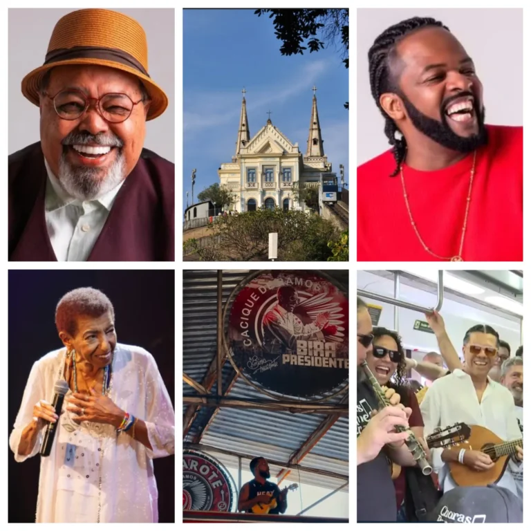 Pessoas dançando samba e comendo feijoada em festa de São Jorge no Rio