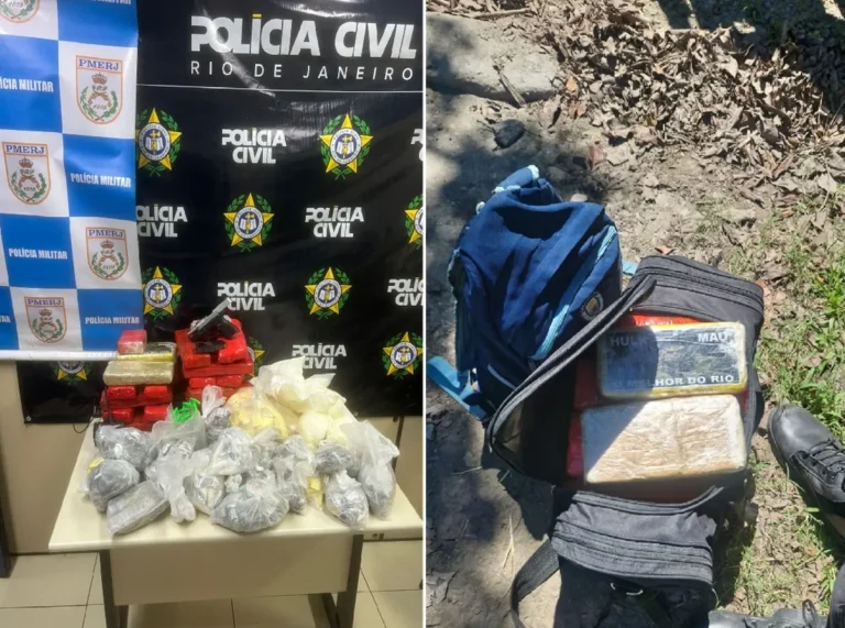 Foto de policiais e drogas apreendidas em operação contra o tráfico de drogas em Maricá.