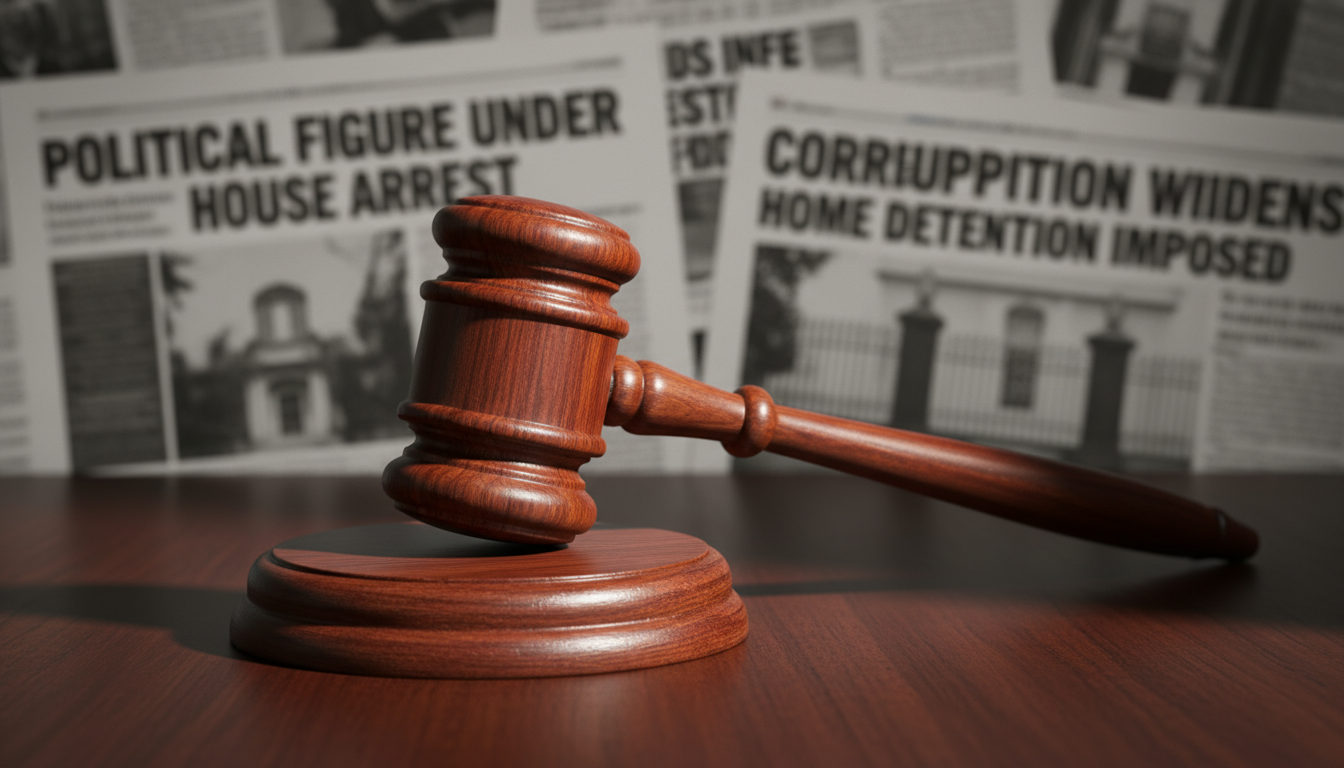 Gavel em mesa, notícias de jornal sobre Bolsonaro em prisão domiciliar