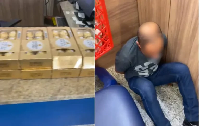 Policiais militares detendo suspeitos de furto de bombom em frente a um mercado