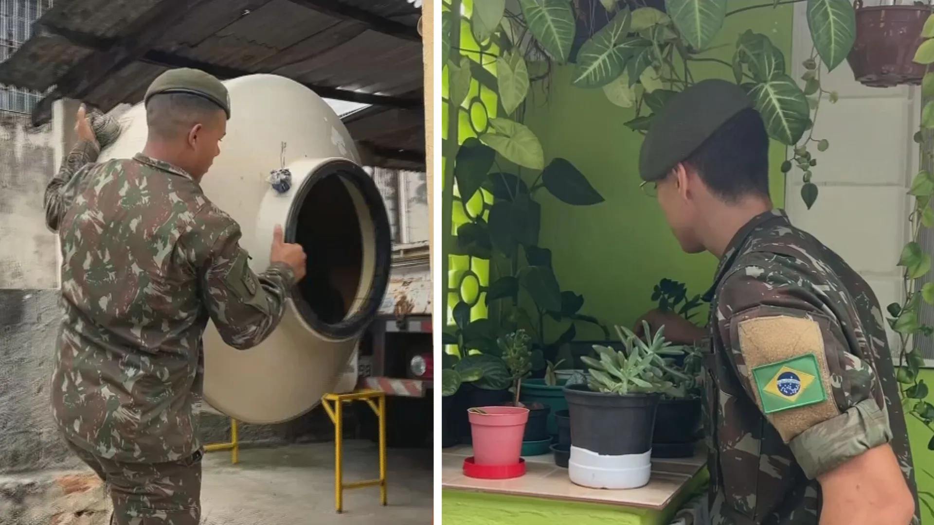 Soldado do Exército e agente de saúde inspecionando quintal em Jundiaí contra dengue