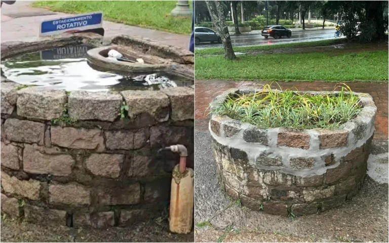 Cocho de pedra destruído em Poços de Caldas, prefeito Paulo Ney, patrimônio histórico, Praça Getúlio Vargas, Iepha-MG, charretes.