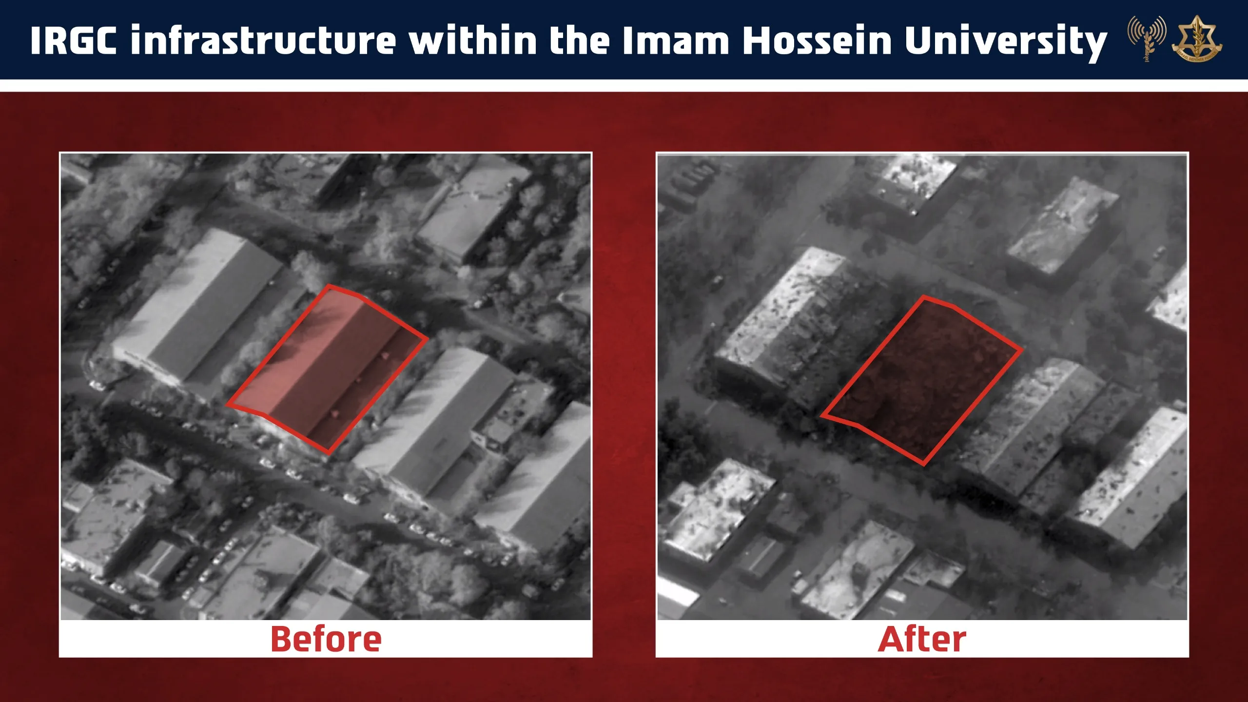 Universidade Imam Hossein após ataque de Israel, danos em instalações militares iranianas, conflito Israel Irã.