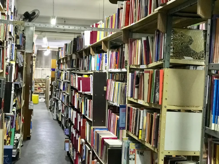 Interior de sebo em Jundiaí com livros, gibis e brinquedos antigos, um homem sorrindo e clientes.
