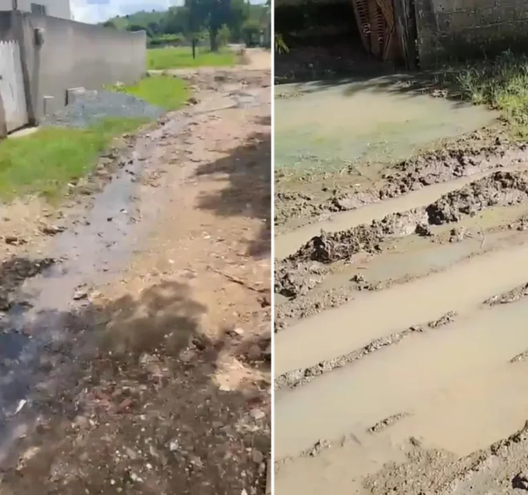 Esgoto a céu aberto e ruas de terra no distrito de Nossa Senhora da Penha, Itaperuna.