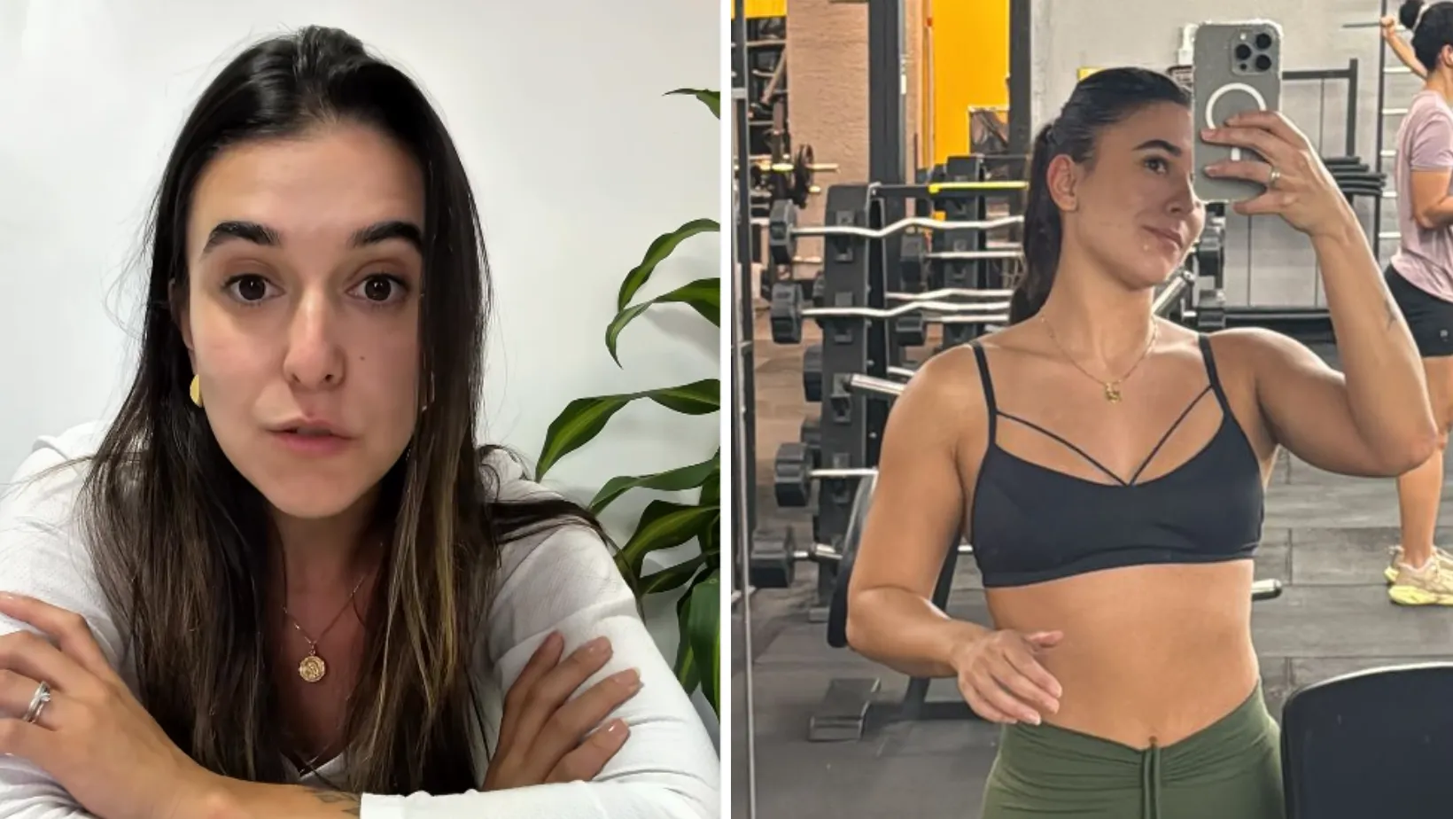 Mulher com top de academia sendo abordada por funcionária, constrangimento em academia