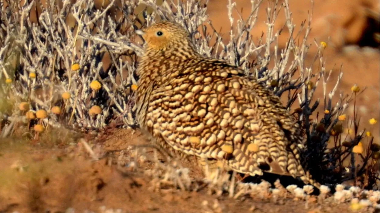 Cortiçol-de-namaqua macho com penas úmidas, trazendo água para os filhotes no ninho