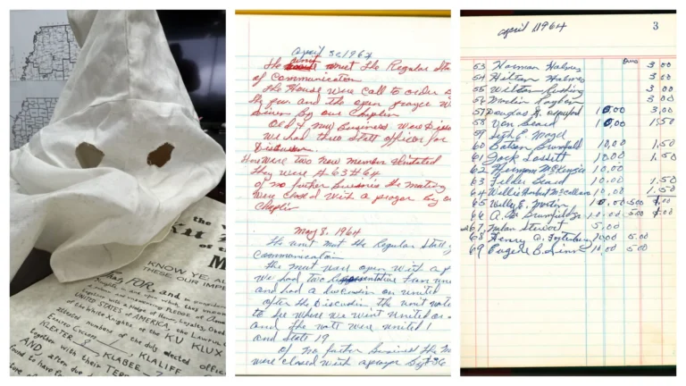 Objetos da Ku Klux Klan encontrados, artefatos históricos KKK, documentos KKK Mississippi