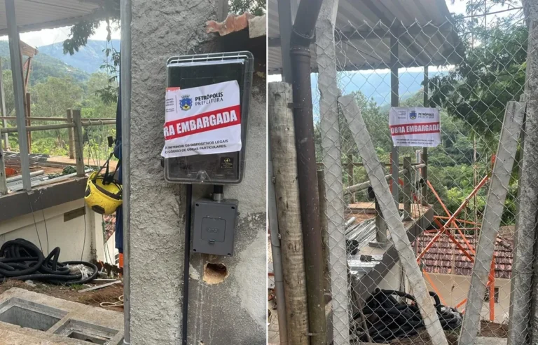 Torre de celular embargada em Petrópolis, fiscalização da prefeitura e polícia.