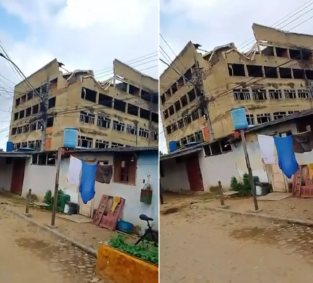 Prédio em Campos dos Goytacazes com risco de desabamento e fita de isolamento.