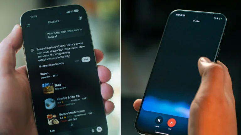 Usuário interagindo com um chatbot em um celular, com texto de resposta da IA na tela.