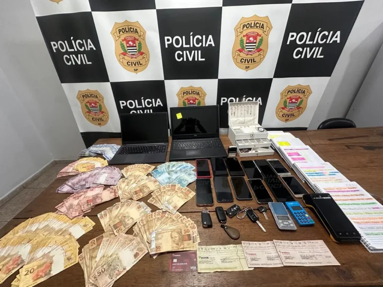 Detalhes da apreensão em operação da Polícia Civil contra agiotagem e tráfico de armas no interior de São Paulo.