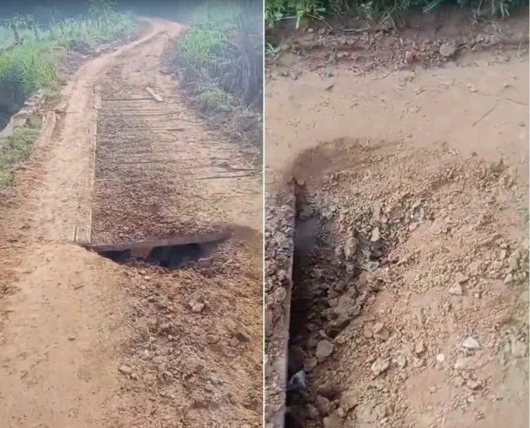 Ponte de madeira deteriorada e estrada de terra na RJ-202, Cambuci