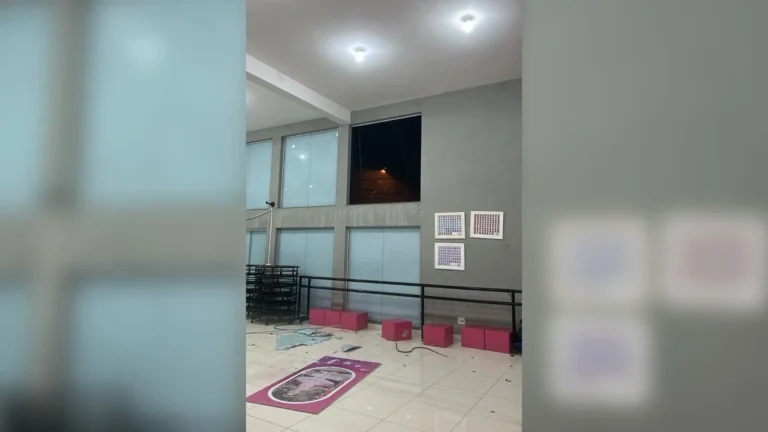 Consequências de temporal em Neves Paulista, com árvores e postes caídos, e bomba de posto de combustível destruída.