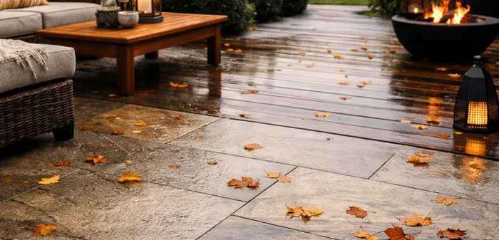 Revestimento de área externa para outono, piso antiderrapante, tons naturais, ambiente acolhedor