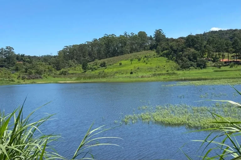 Vista aérea do Sistema Alto Tietê, com represas e barragens em meio a paisagem verde de São Paulo.