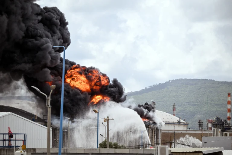 Refinaria de petróleo em Israel em chamas, com fumaça preta no céu, após bombardeio iraniano.