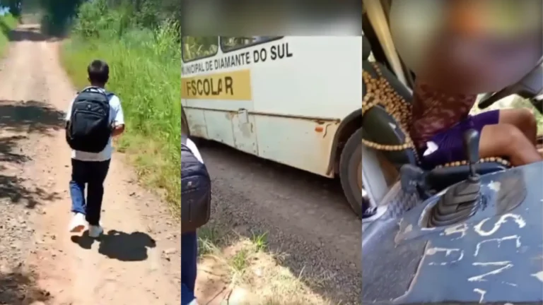 Criança e pai ao lado de ônibus escolar negado no Paraná