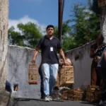 Mão de agente segurando pássaro resgatado durante operação de apreensão de pássaros em Volta Redonda.