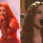 Anitta cantando ao vivo no SNL com colar de guia