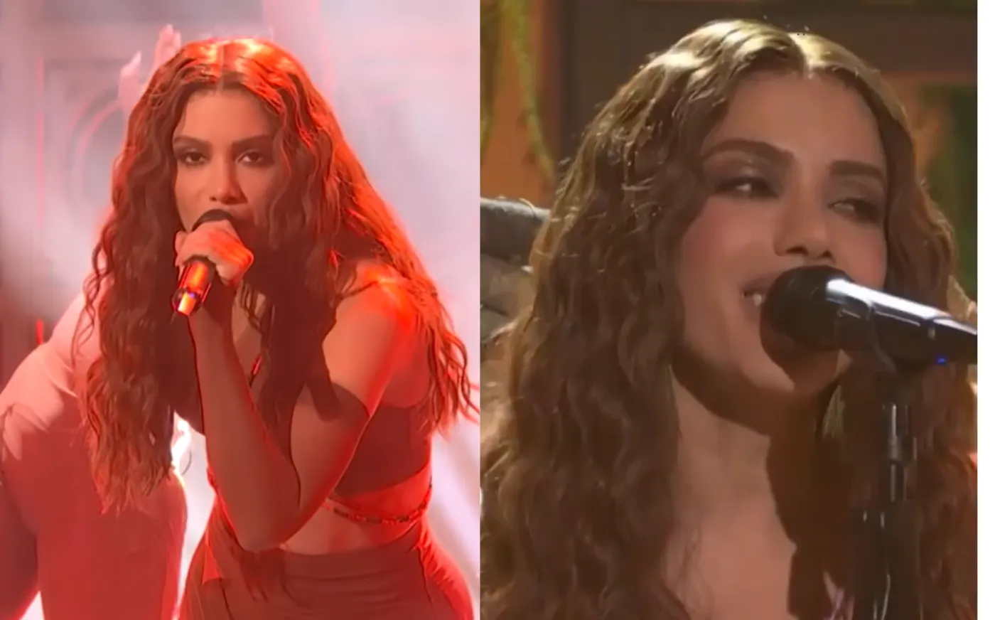 Anitta cantando ao vivo no SNL com colar de guia