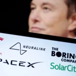 Imagem de logos da SpaceX e outras empresas de Elon Musk com tema de IA.