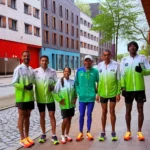 Corredores da APA Petrolina treinando em parque de Hamburgo antes de maratona internacional, incluindo atleta paralímpico.