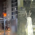 Interior de apartamento com marcas de incêndio e danos estruturais.