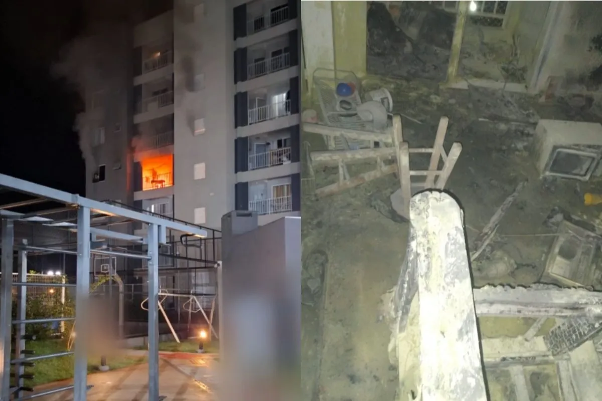 Interior de apartamento com marcas de incêndio e danos estruturais.