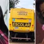 Ônibus escolar parado em estrada rural com fita policial em Palmital, Paraná, cena de acidente.