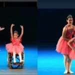 Isadora, menina com paralisia cerebral, dançando balé e sorrindo