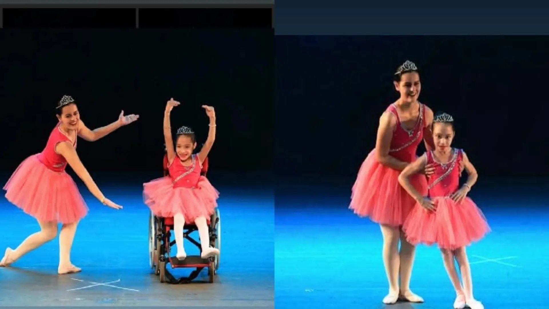Isadora, menina com paralisia cerebral, dançando balé e sorrindo